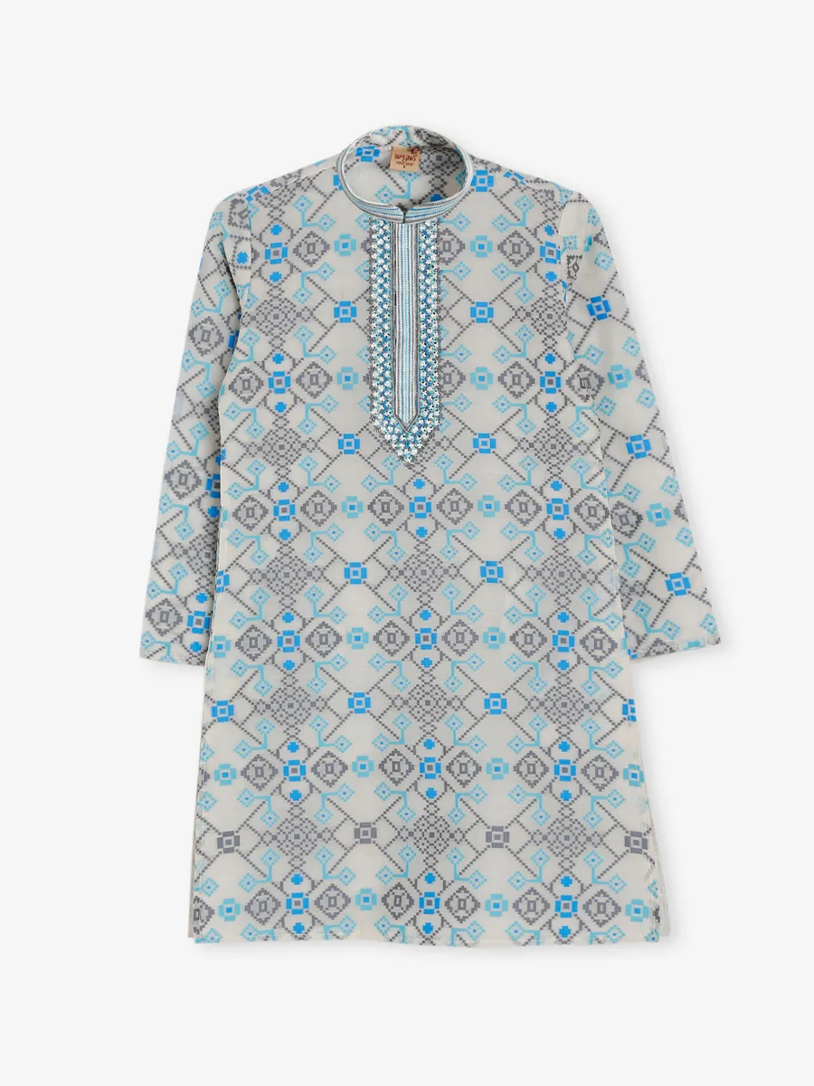 Blue and white printed cotton kurta suit