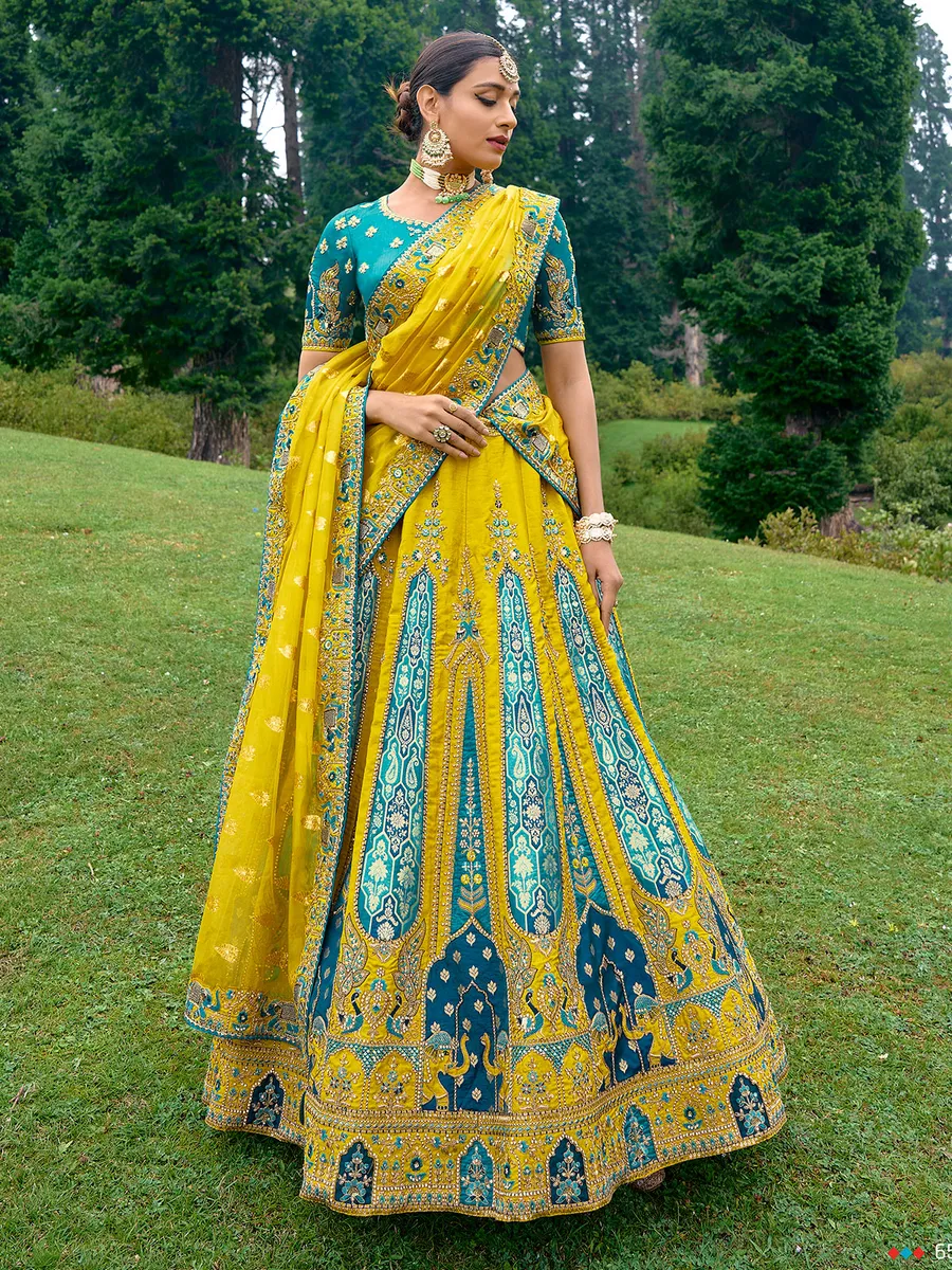 Blue and yellow silk unstitched lehenga choli