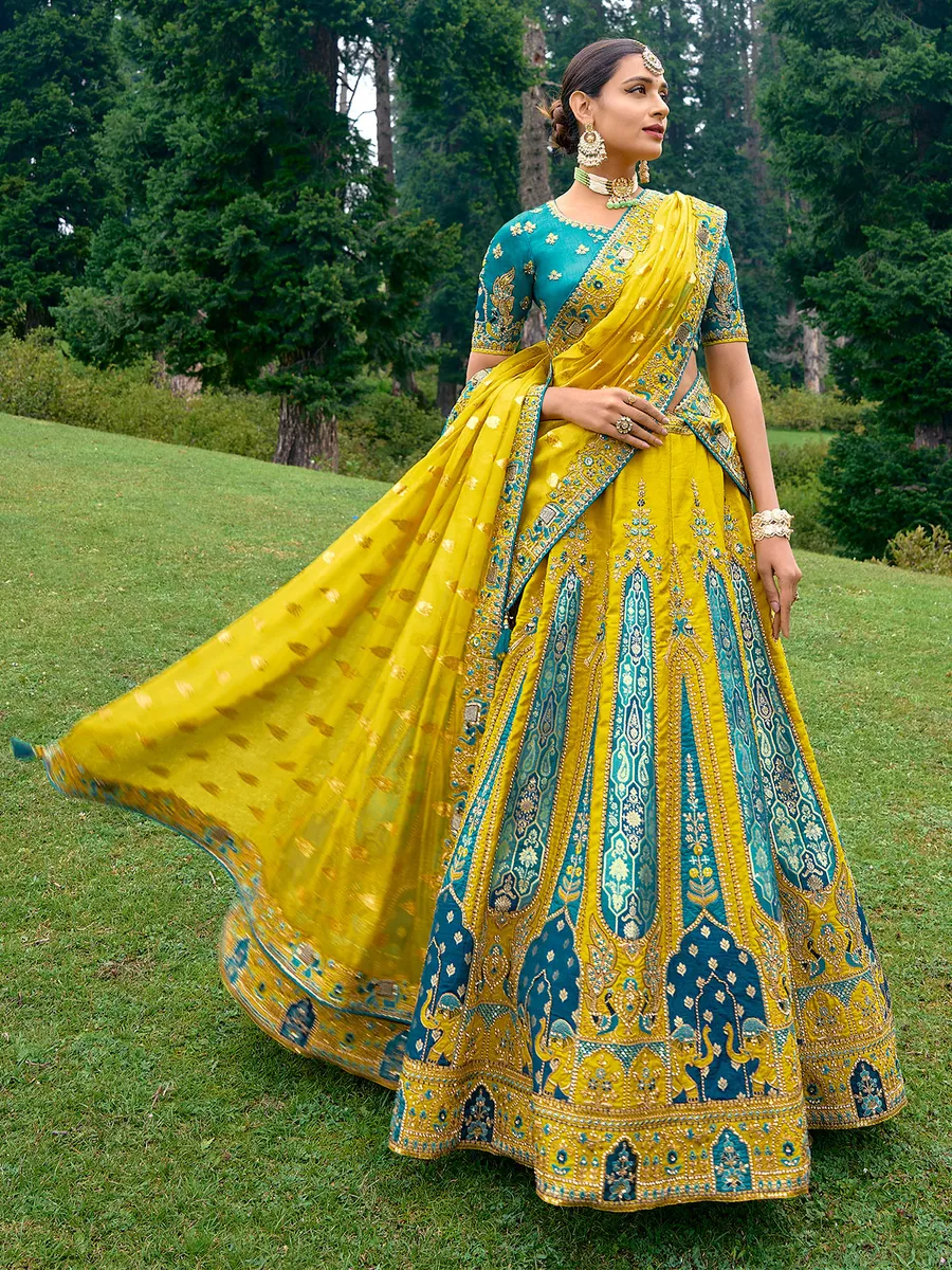 Blue and yellow silk unstitched lehenga choli