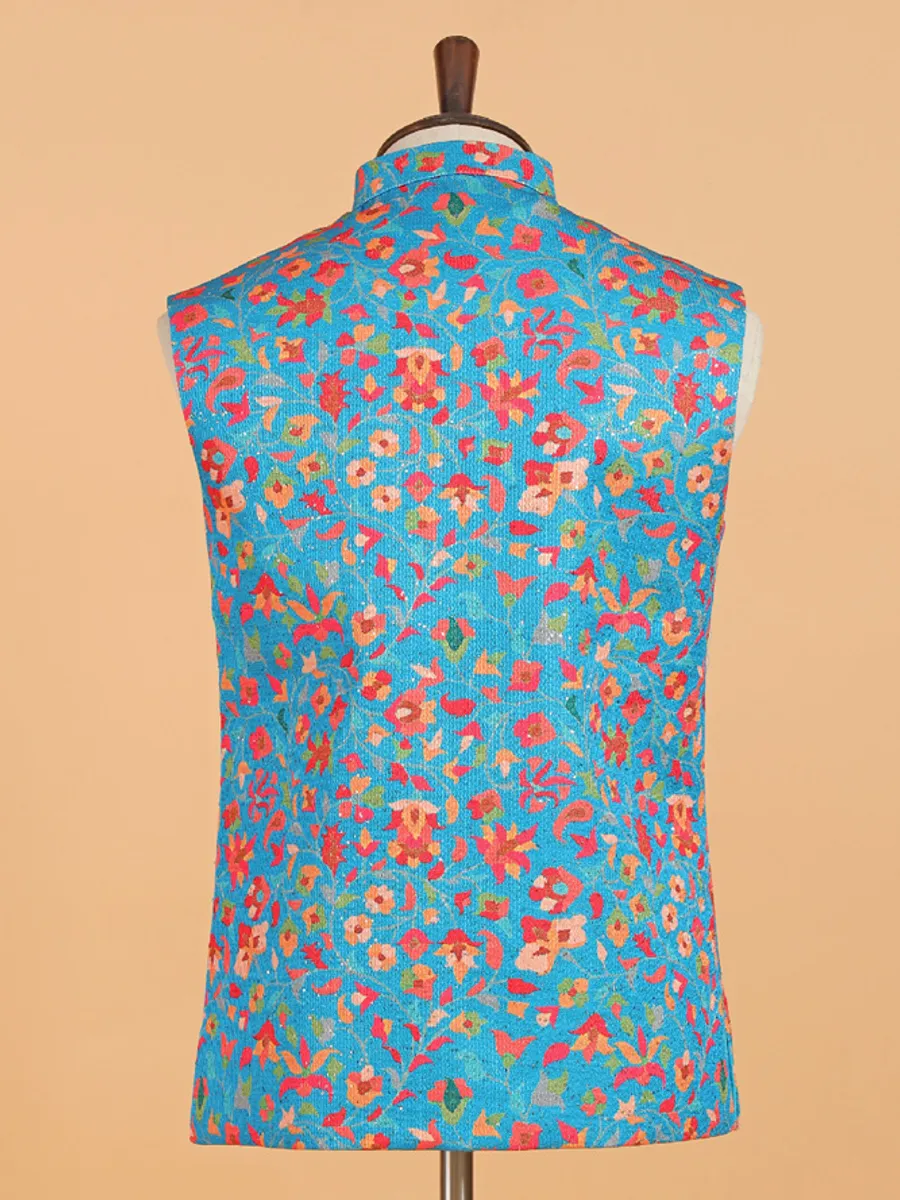 Blue cotton silk waistcot set for men
