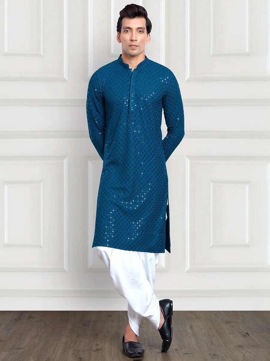 Blue embroidery  Men Kurta pajama for festive