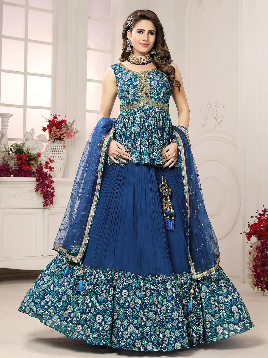 Blue georgette printed wedding lehenga choli