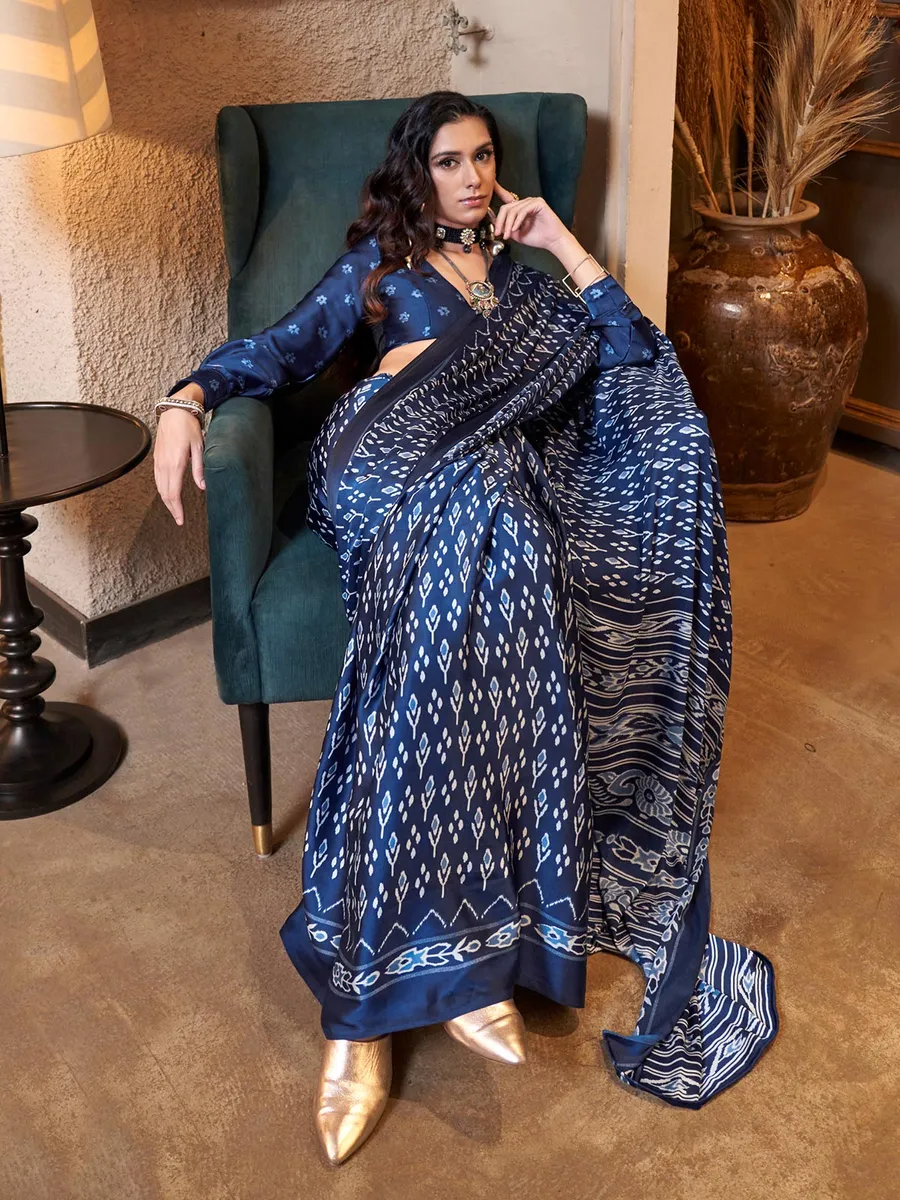 Blue patola printed crepe saree