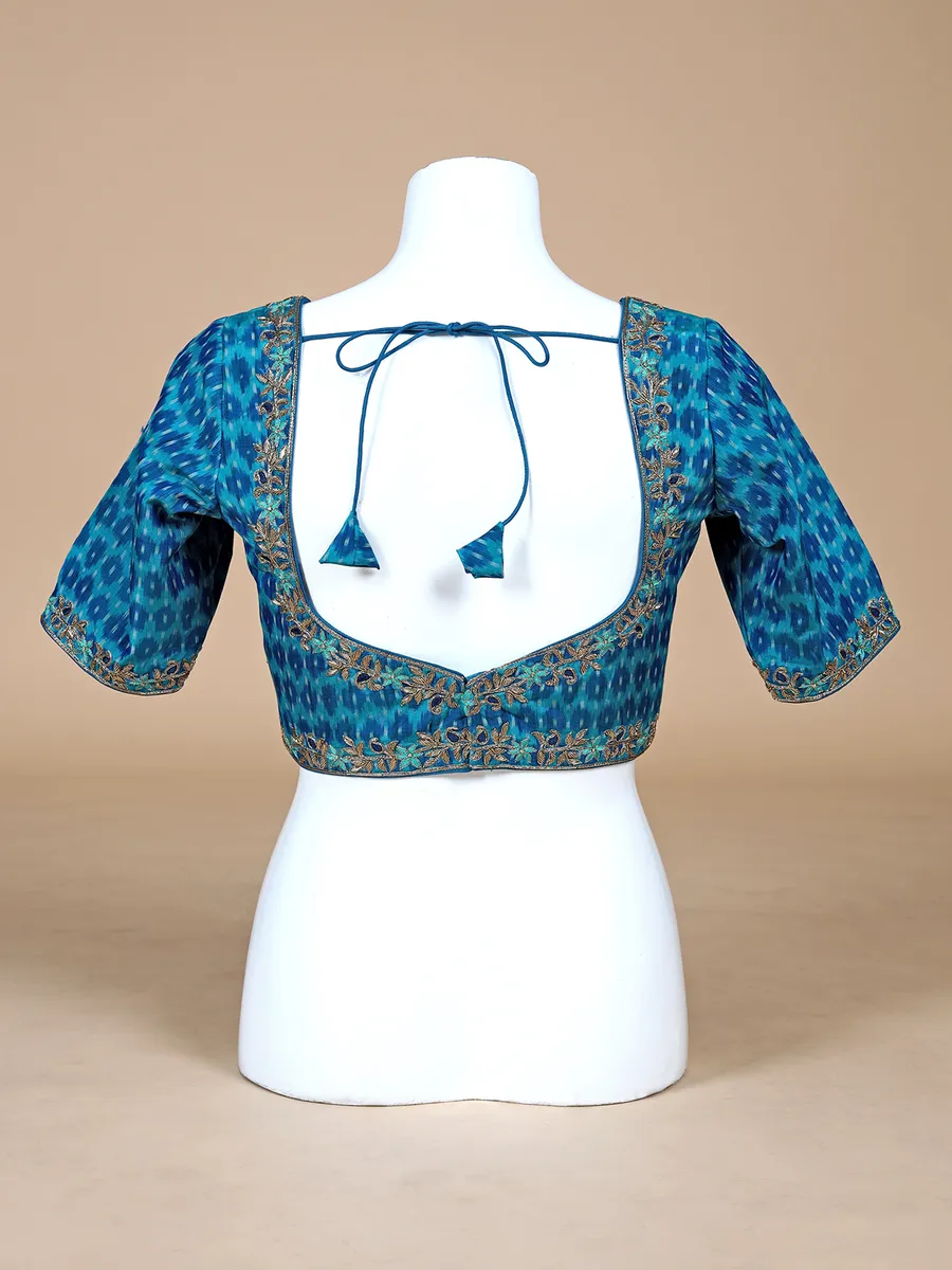 Blue printed cotton silk ready made blouse