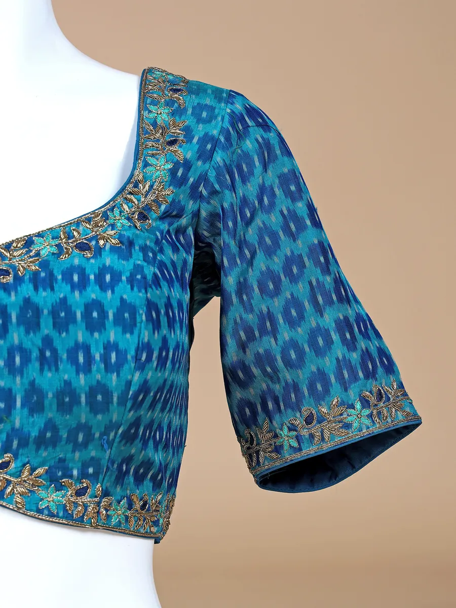 Blue printed cotton silk ready made blouse