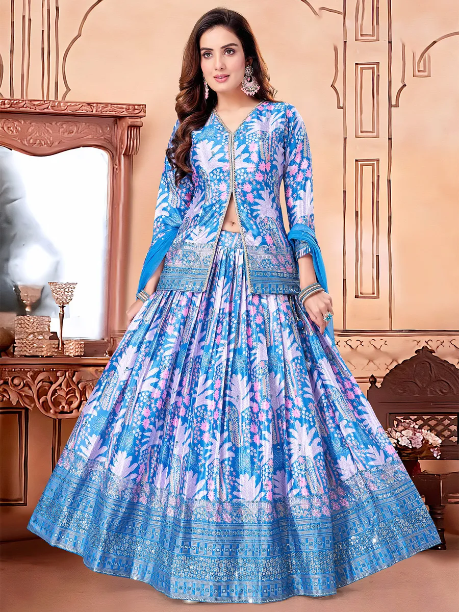 Blue printed indowestern style lehenga suit