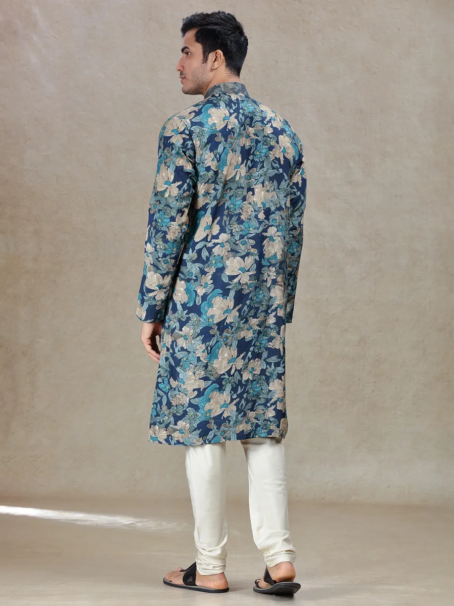 Blue regal elegance printed kurta suit in tussar silk