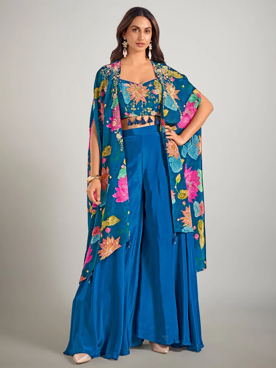 Blue satin silk palazzo suit with long jacket