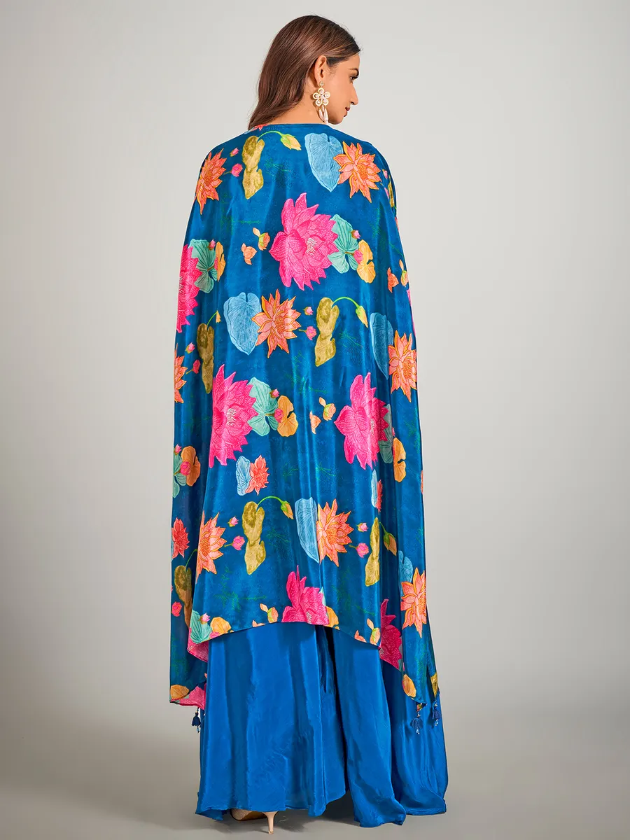 Blue satin silk palazzo suit with long jacket