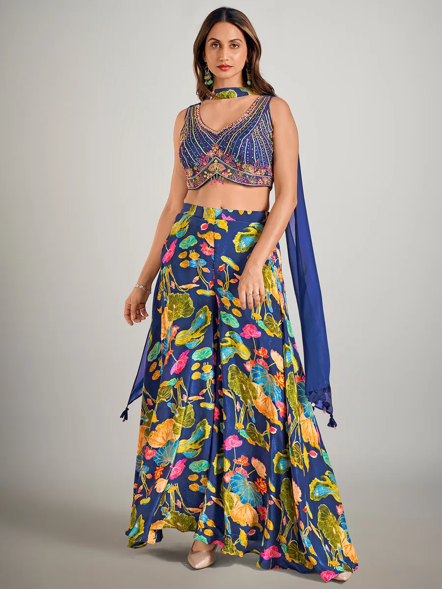 Blue satin silk printed palazzo suit