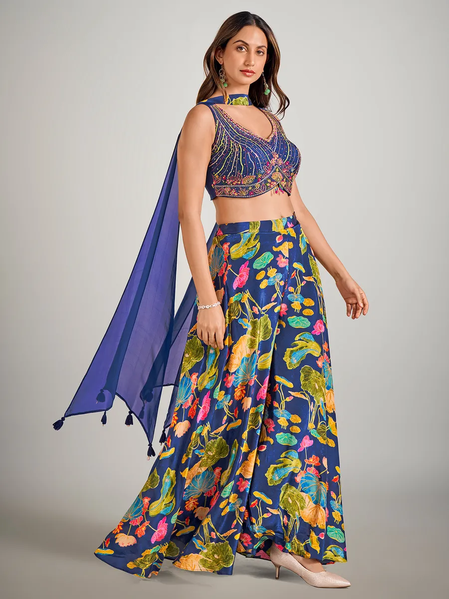 Blue satin silk printed palazzo suit