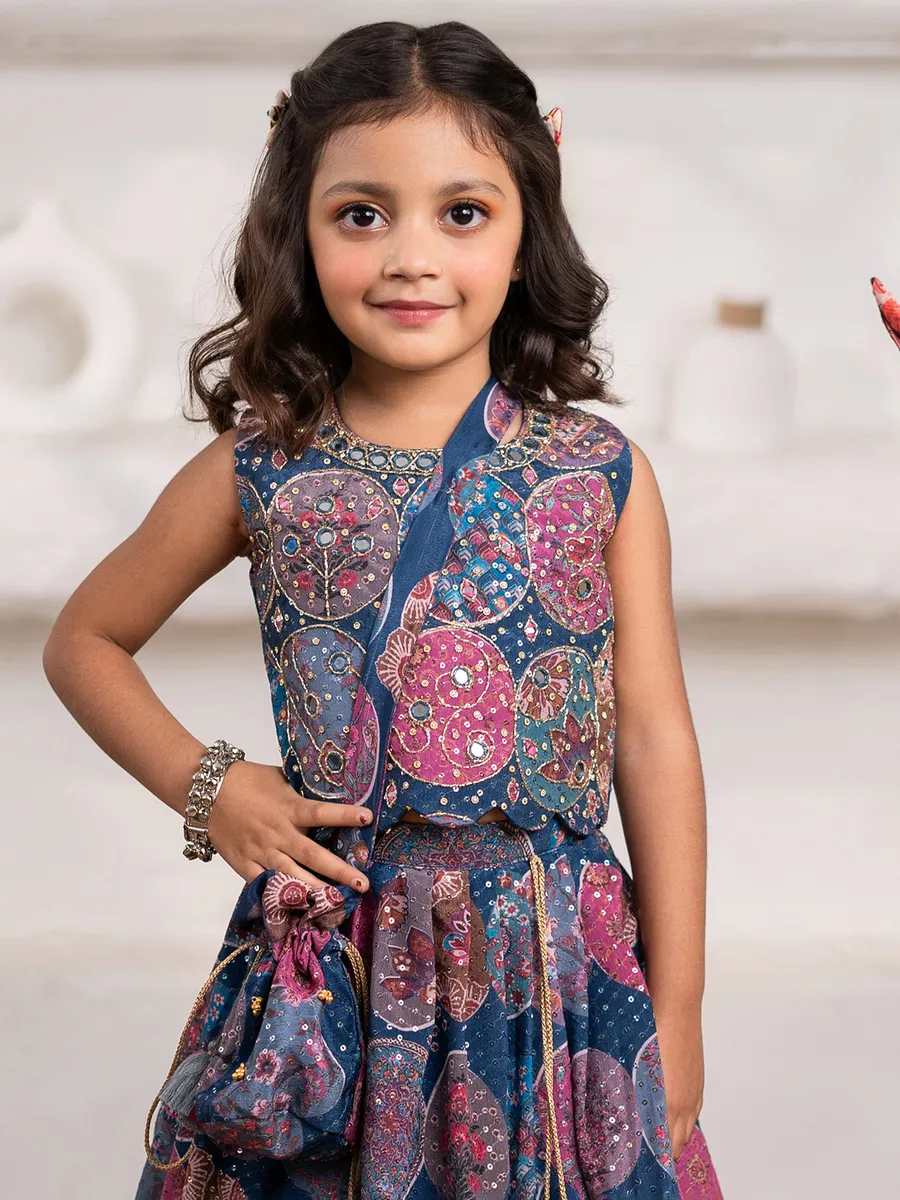 Blue silk printed wedding lehega choli