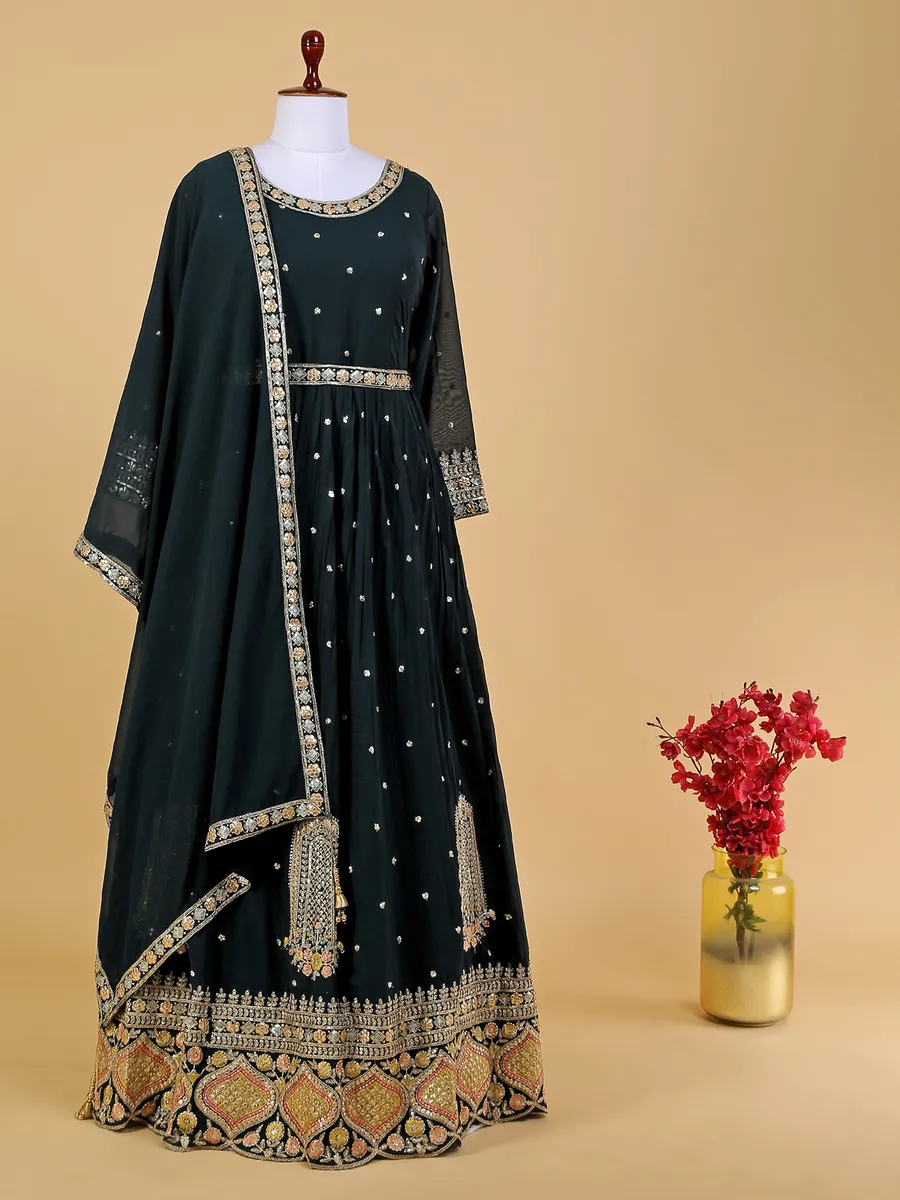 Bottle green anarkali suit in georgette