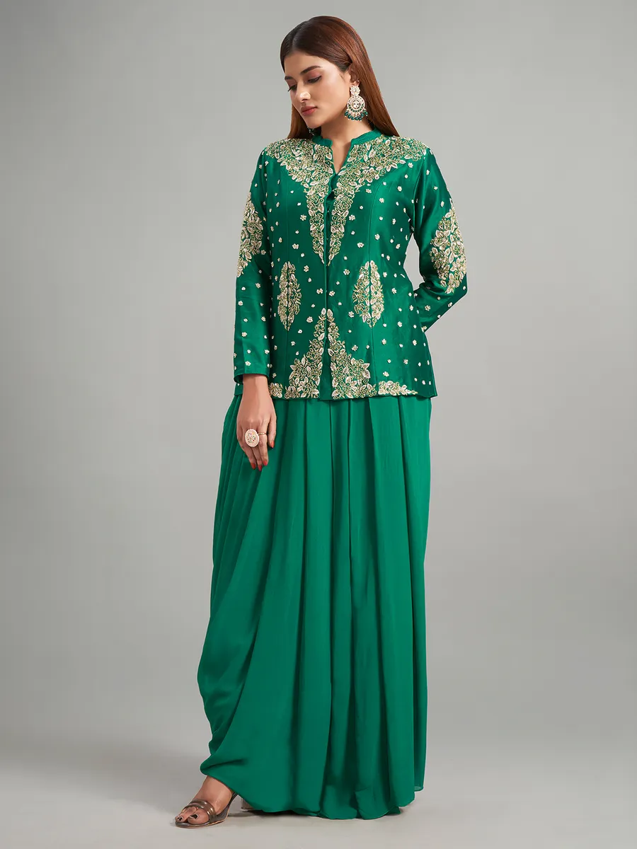 Bottle green silk indowestern suit