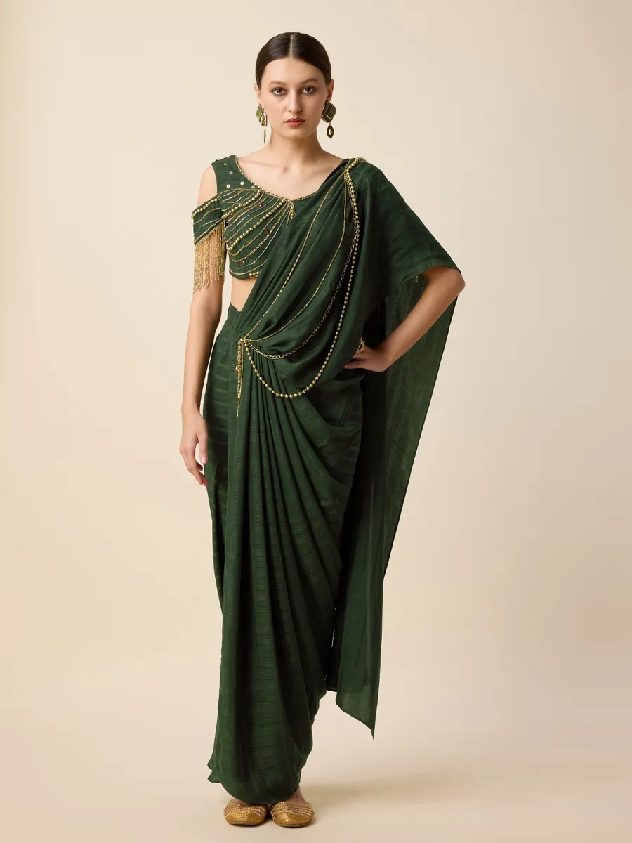 Bottle green silk pre-drape saree