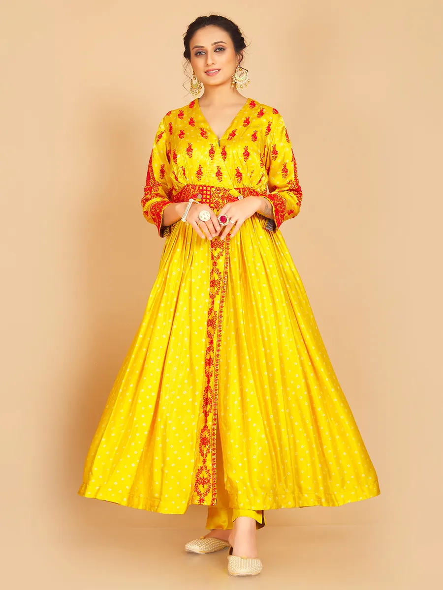 Bright yellow silk printed salwar suit