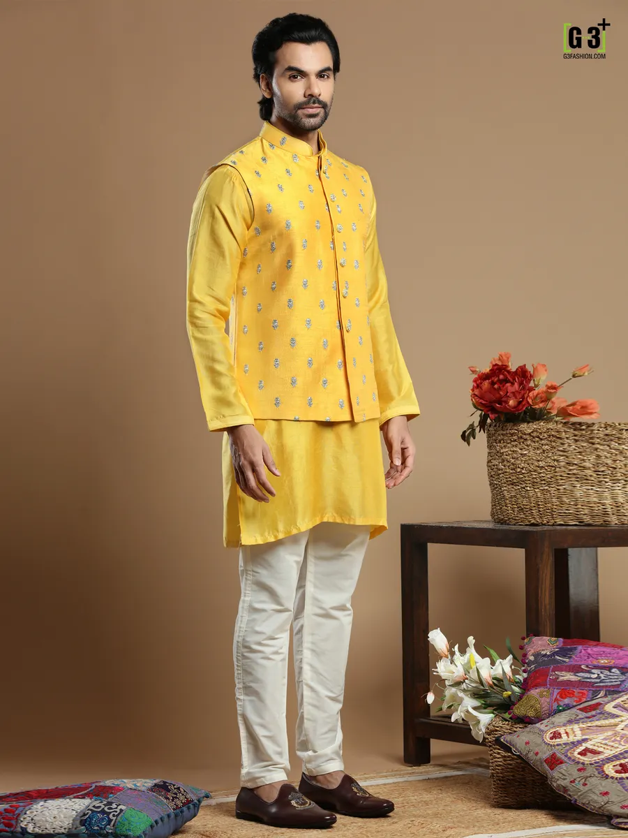 Bright yellow wedding cotton silk waistcoat set