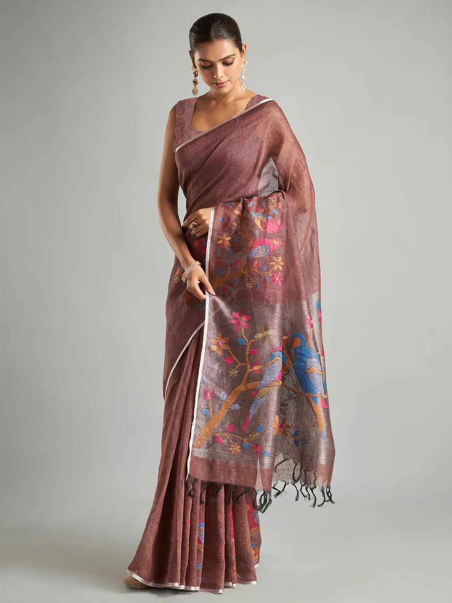 Brown cotton linen minakari saree