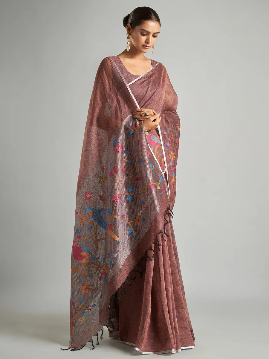 Brown cotton linen minakari saree