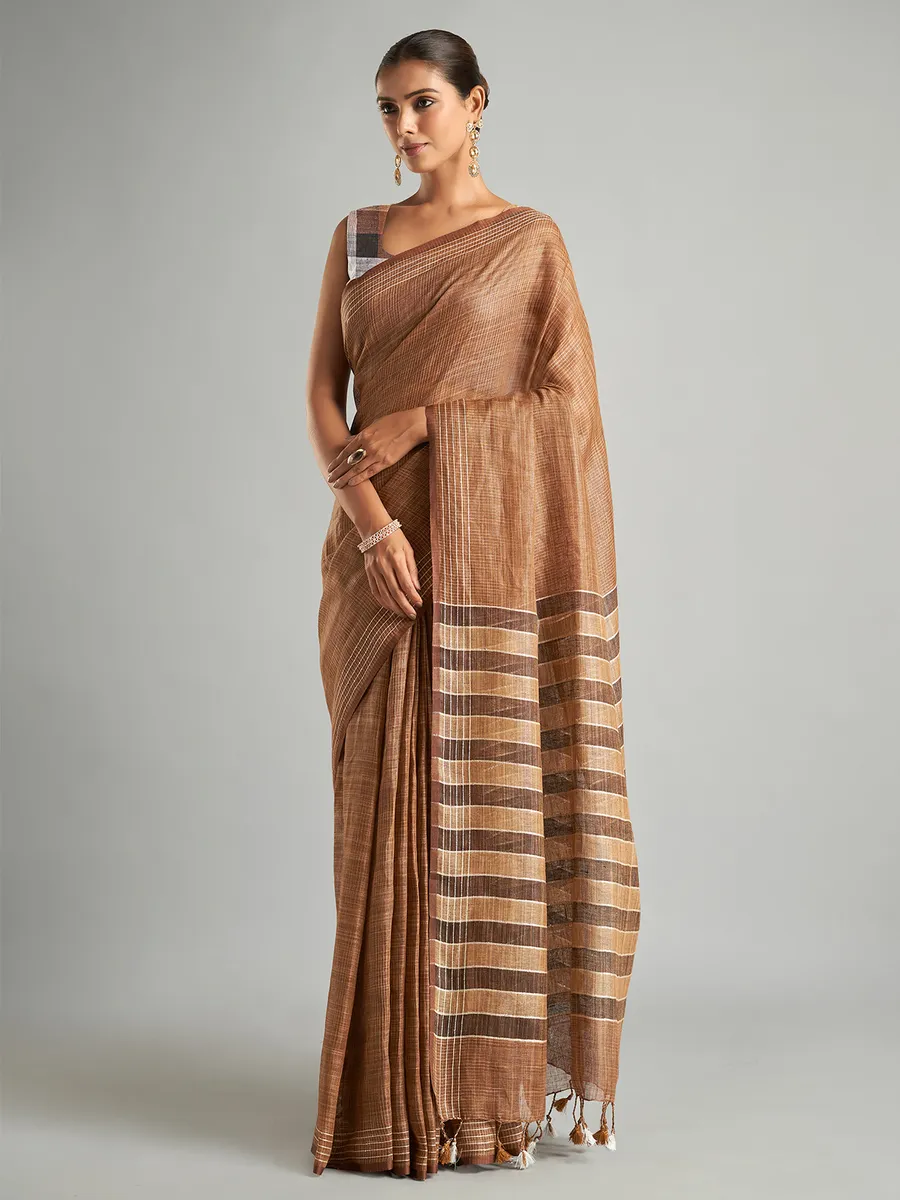 Brown cotton linen saree