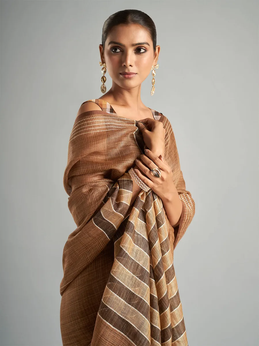 Brown cotton linen saree