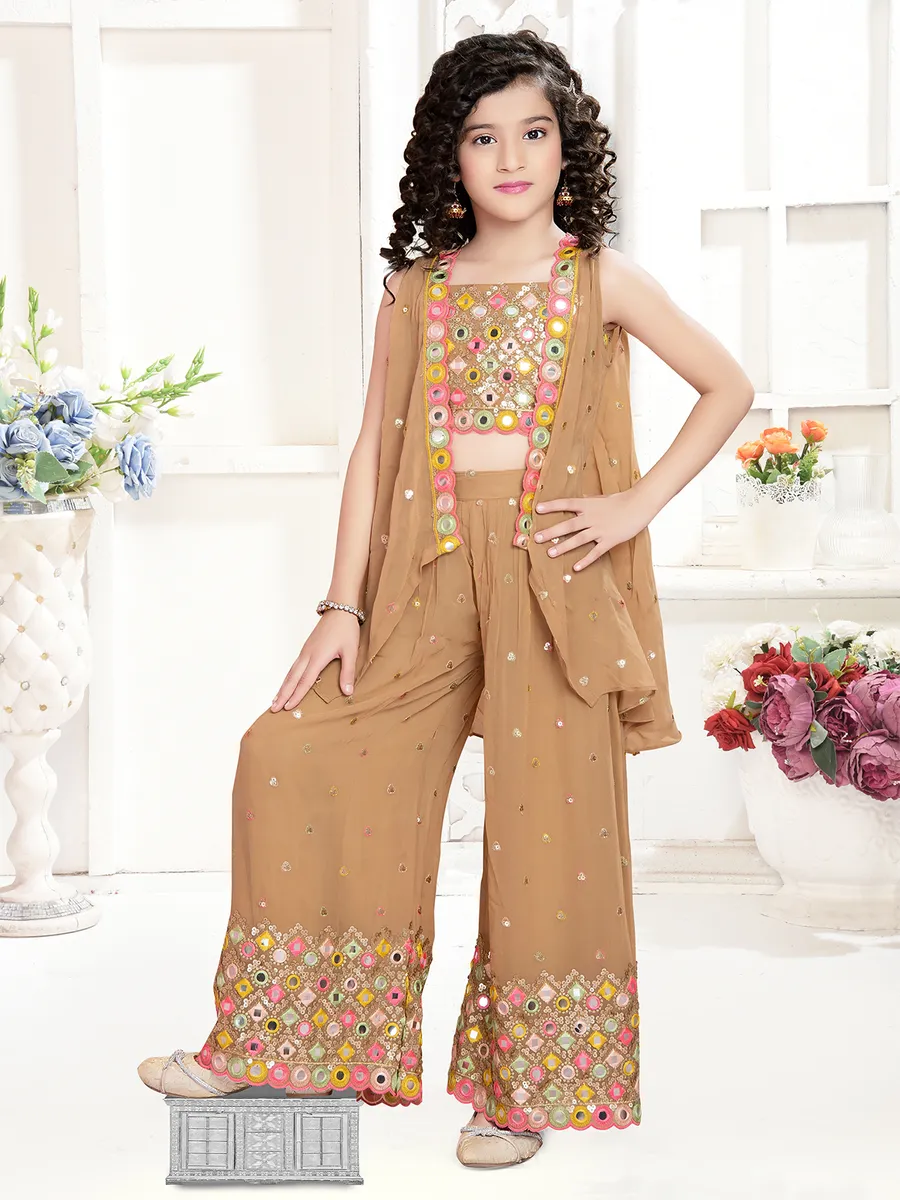 Brown georgette jacket style palazzo suit