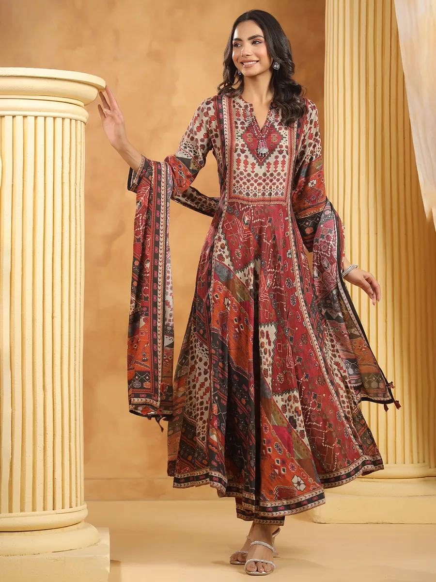 Brown printed cotton silk kurti set