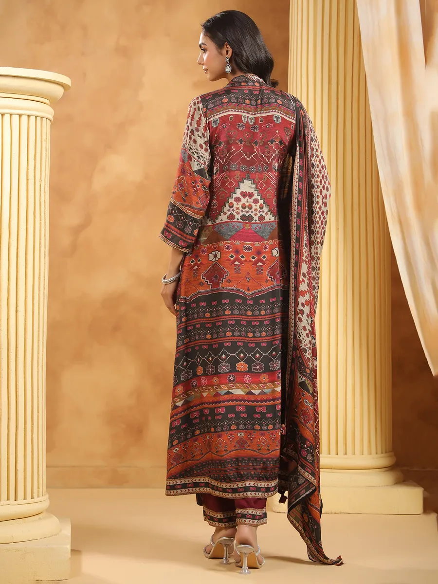 Brown printed cotton silk kurti set