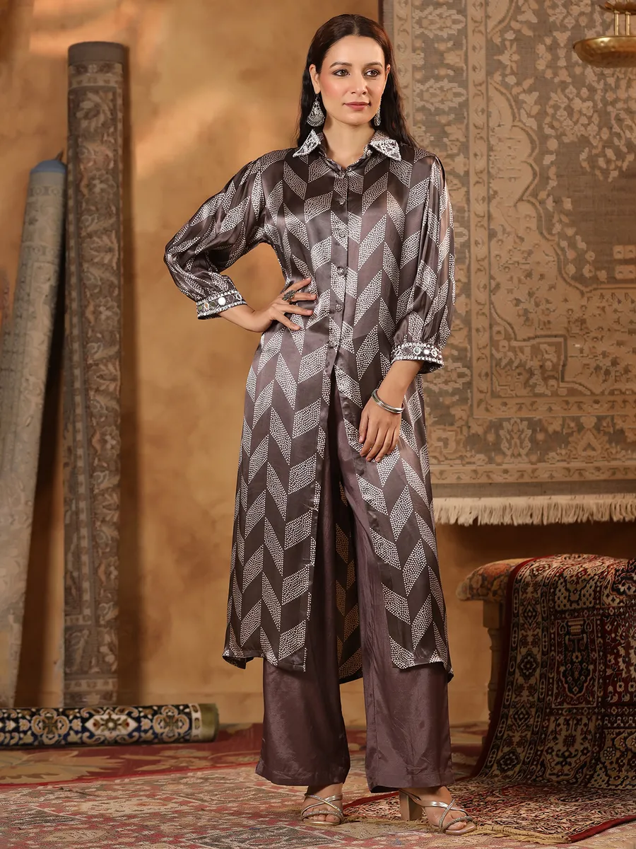 Brown printed kurti set in satin silk