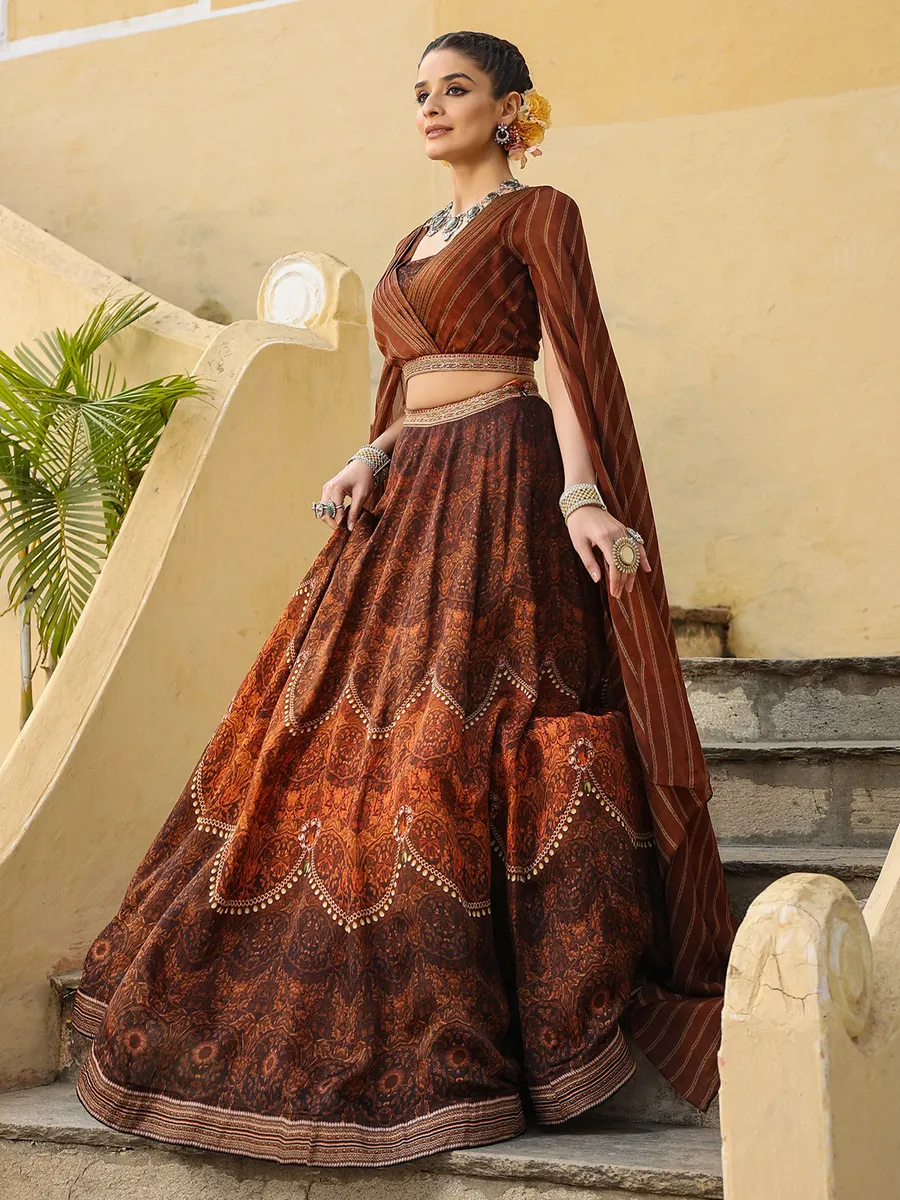 Brown satin wedding lehenga choli