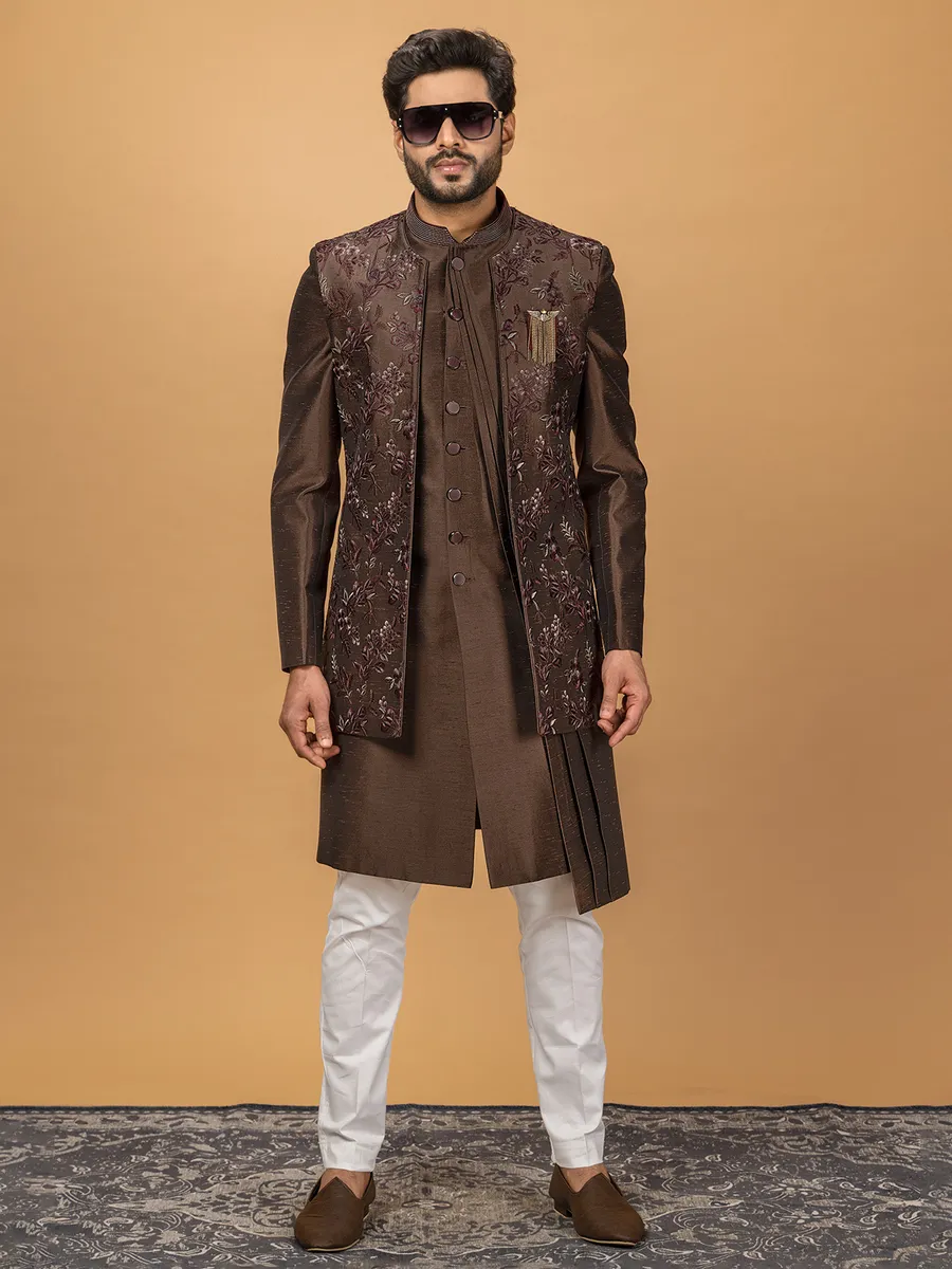 Brown silk indowestern for men