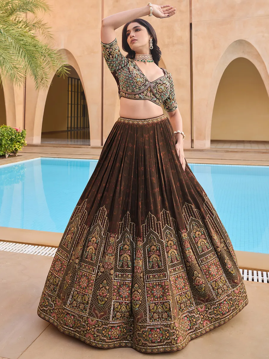 Brown silk lehenga choli with print