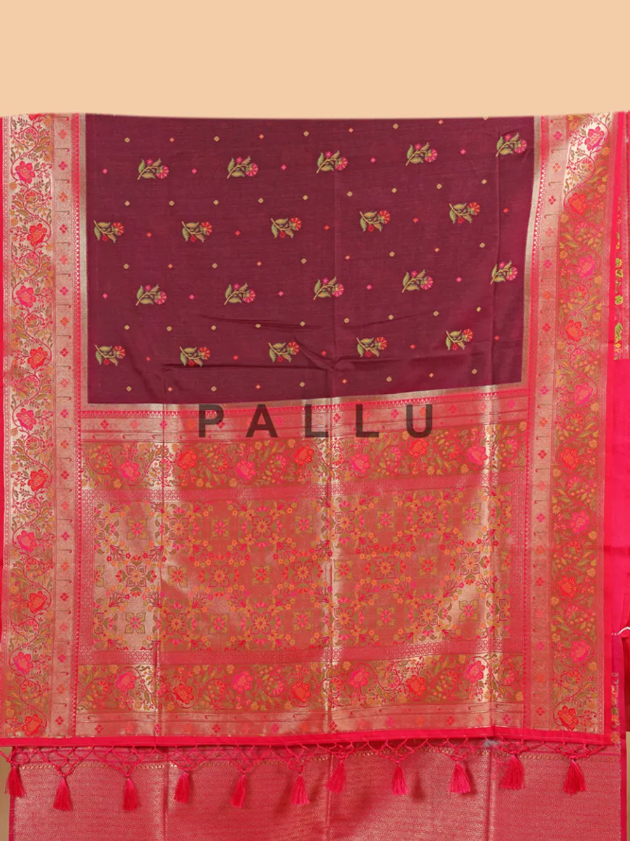 Brown silk saree with red contrast border