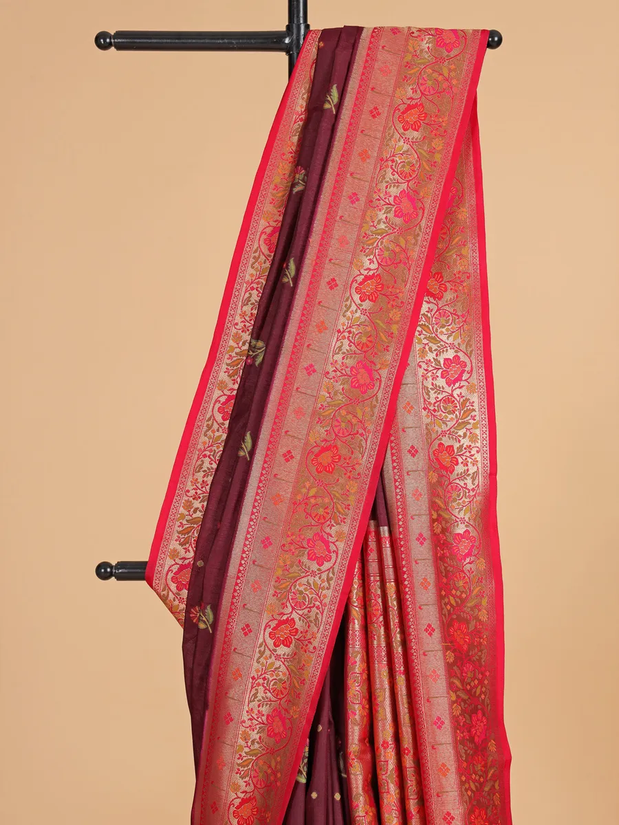 Brown silk saree with red contrast border