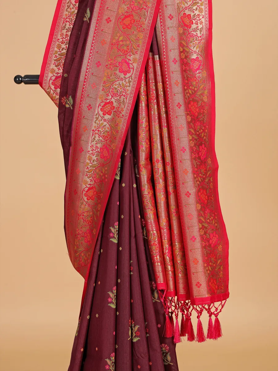 Brown silk saree with red contrast border
