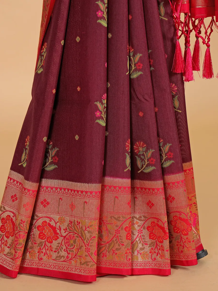 Brown silk saree with red contrast border