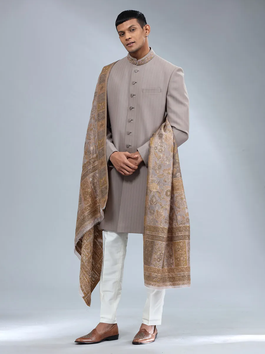 Brown textured terry rayon sherwani for men
