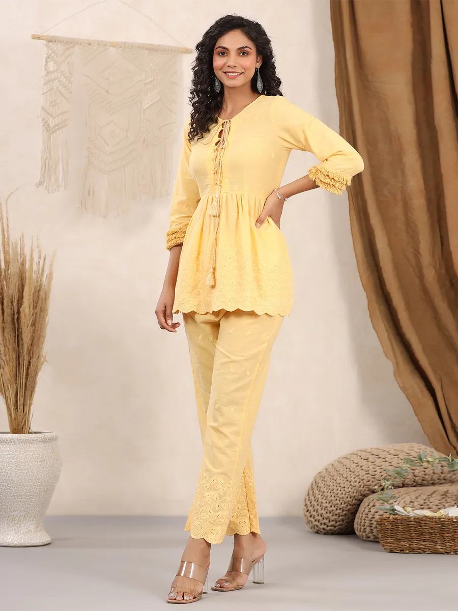 Casual wear yellow plain cotton co ord set