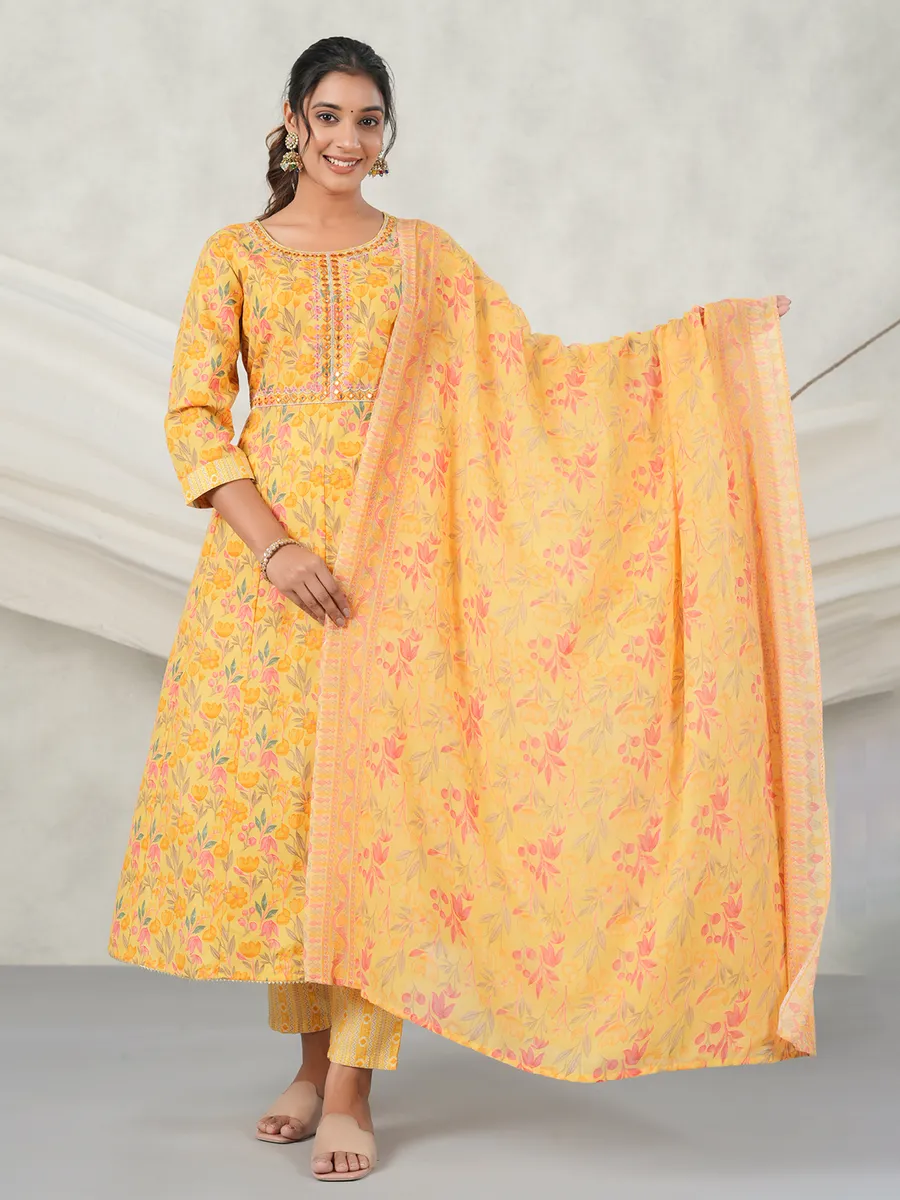 Casual yellow printed kurti set