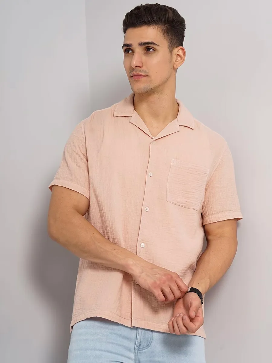 Celio peach cotton plain shirt