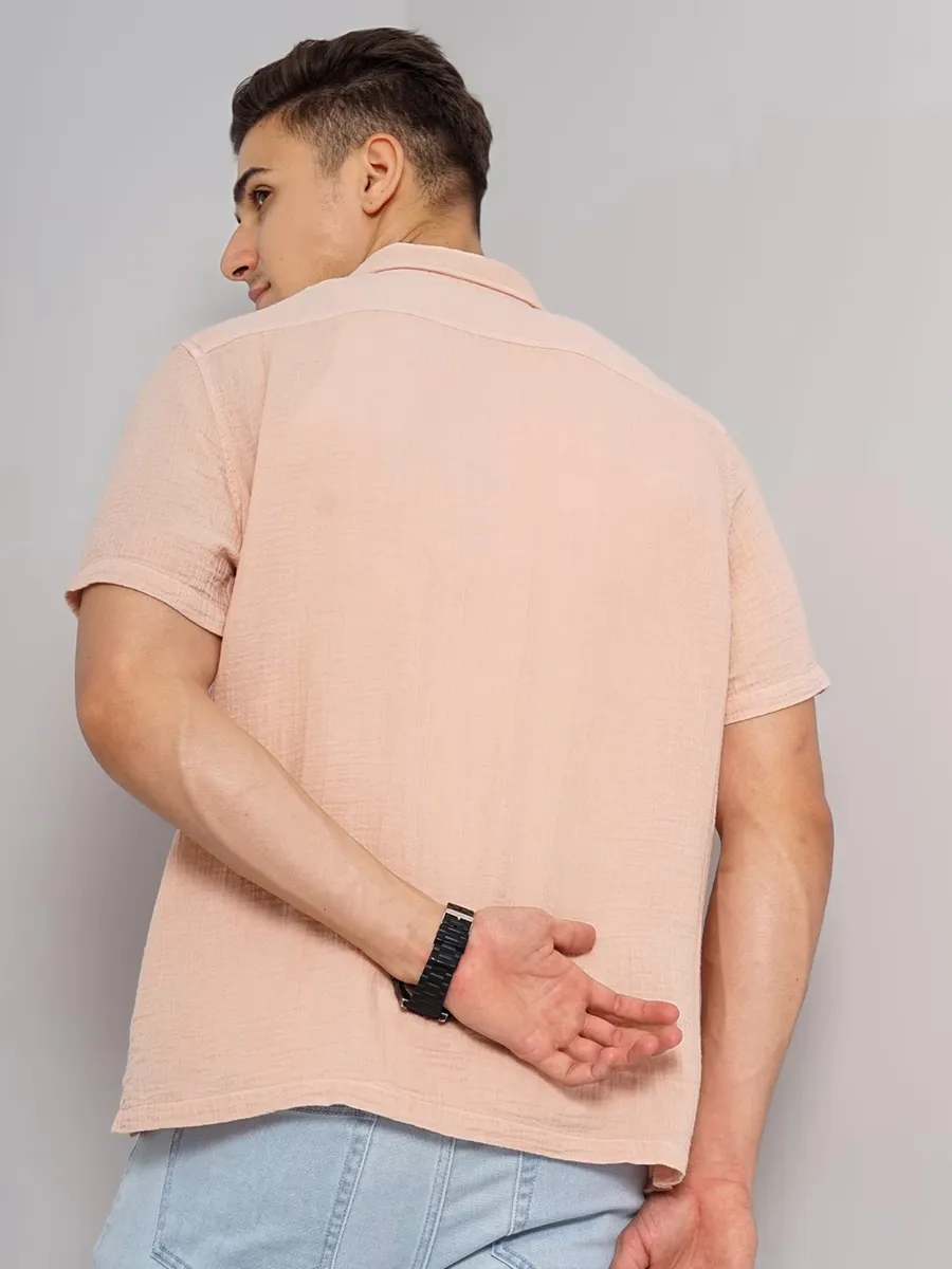 Celio peach cotton plain shirt