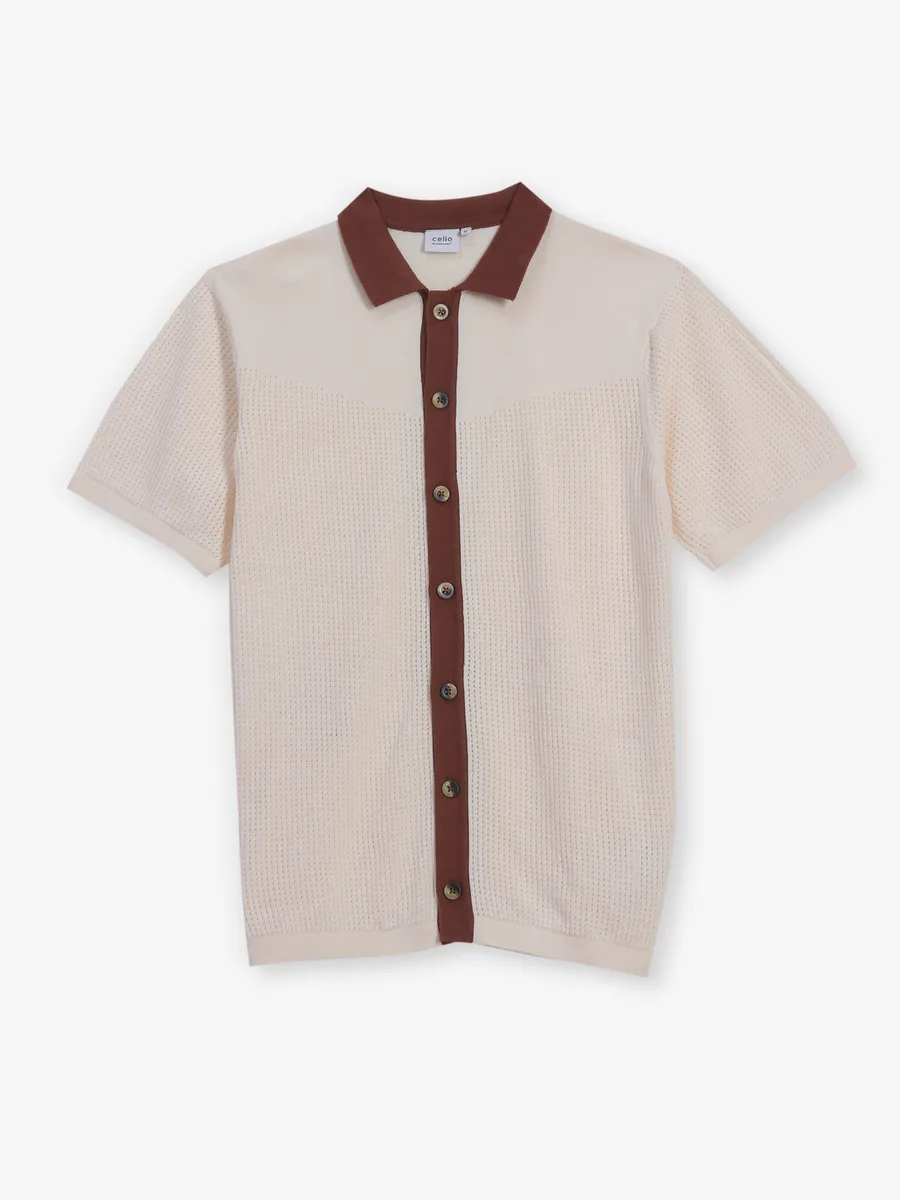 CELIO slim fit cream knitted t-shirt for men