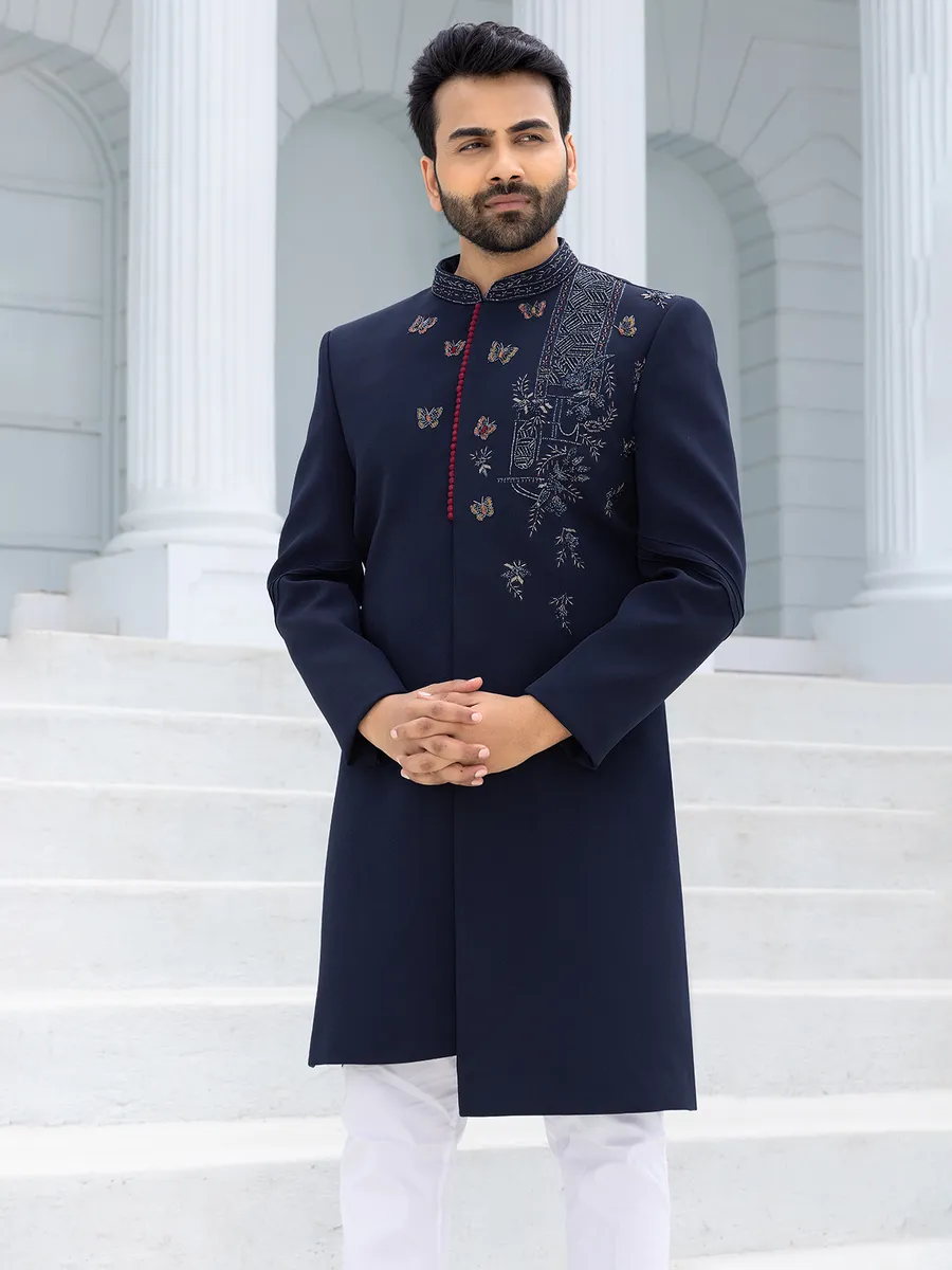 Charming navy blue terry rayon Indowestern