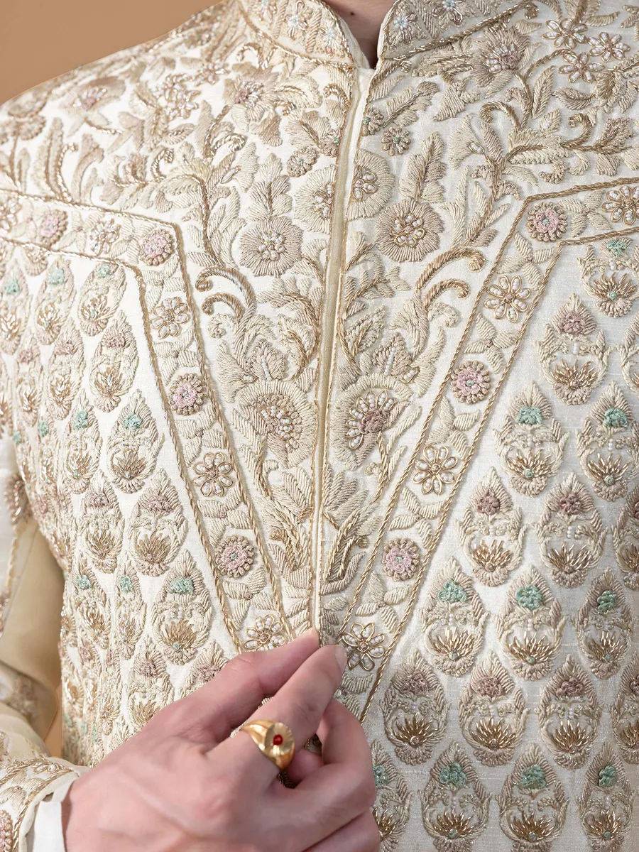 Chic beige raw silk groom sherwani