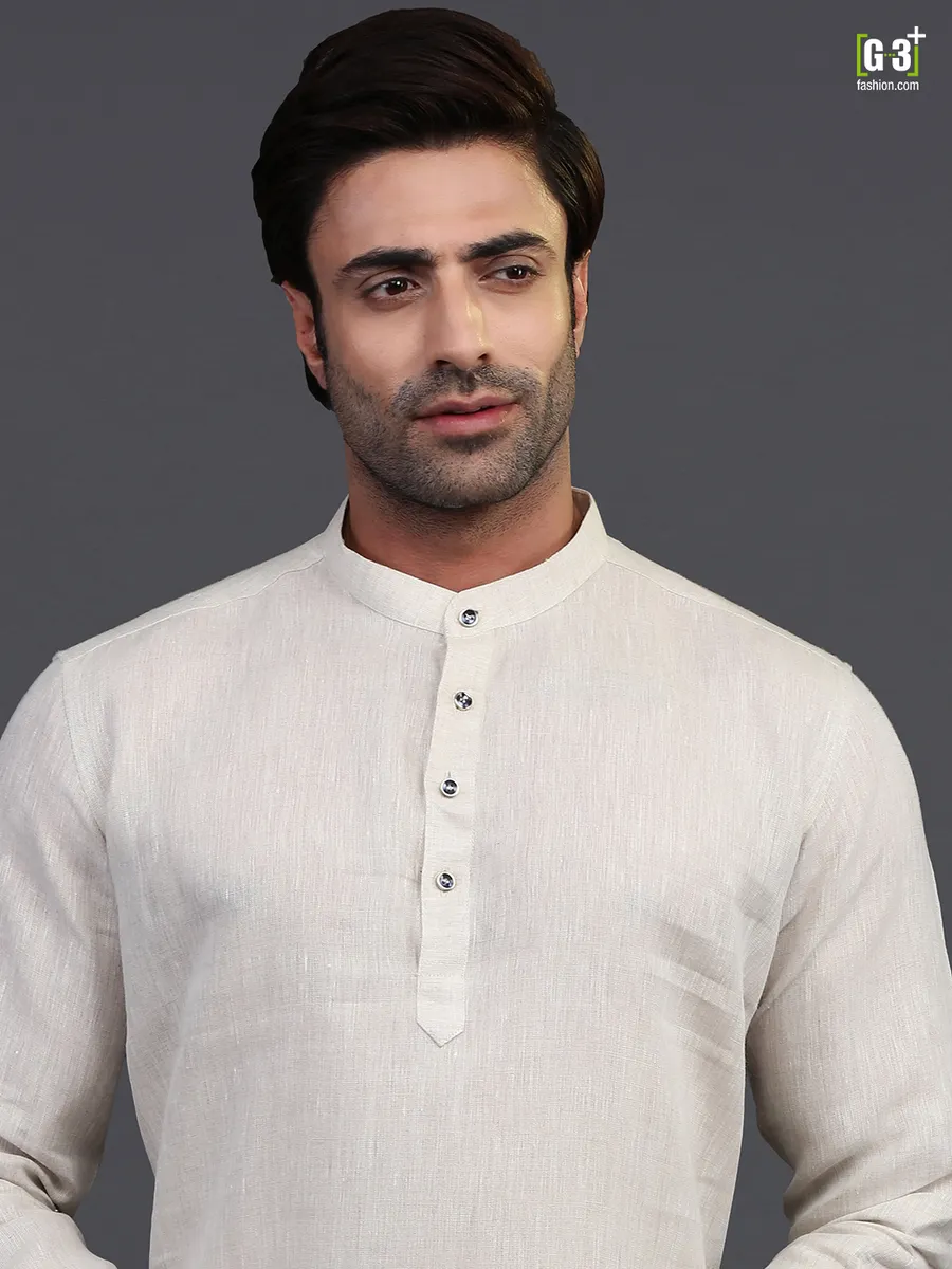 Chinese collar cream linen mens kurta