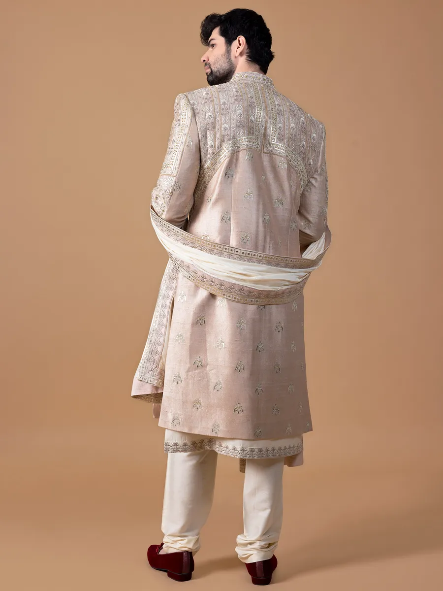 Claasic beige raw silk sherwani