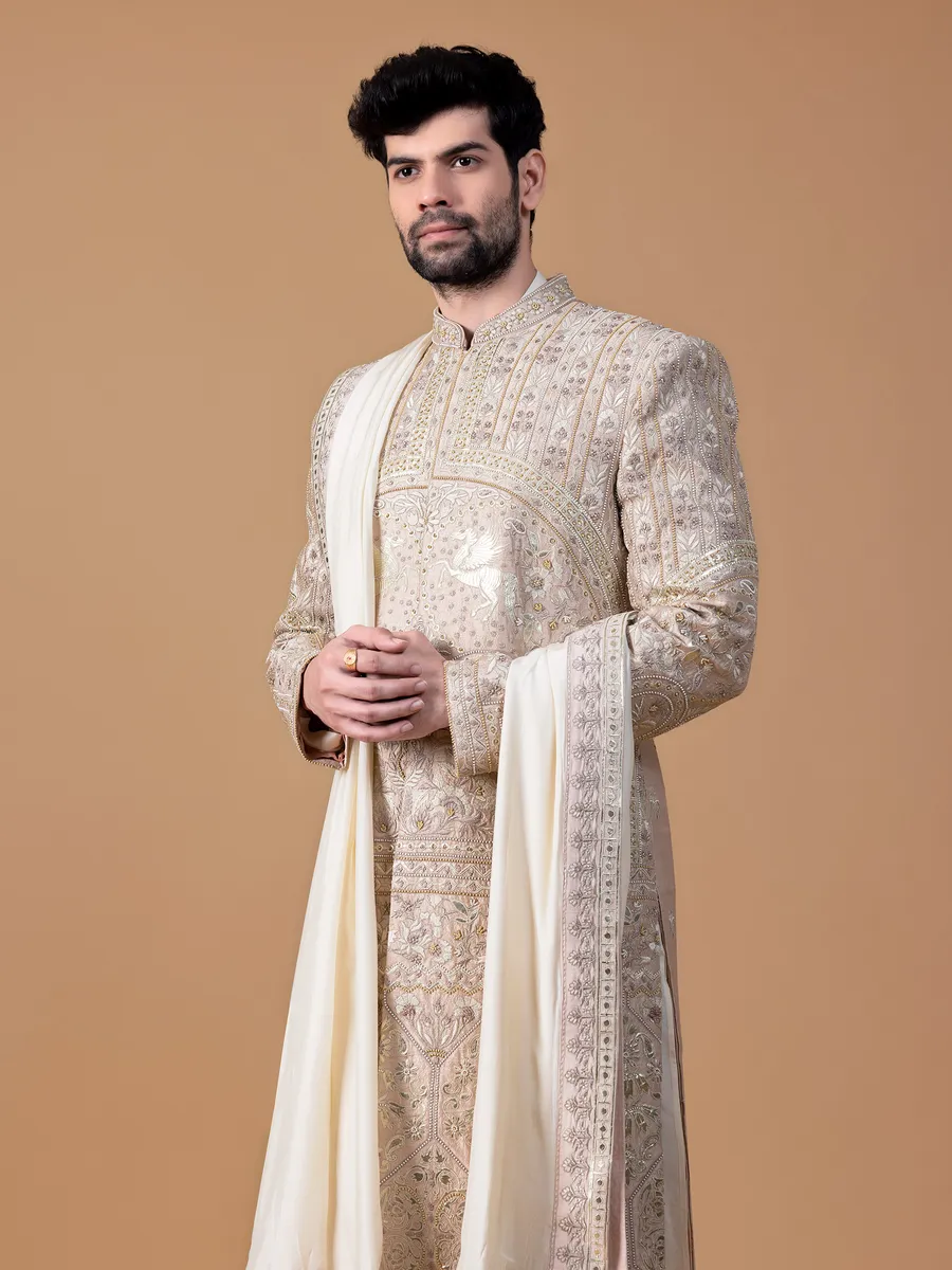 Claasic beige raw silk sherwani