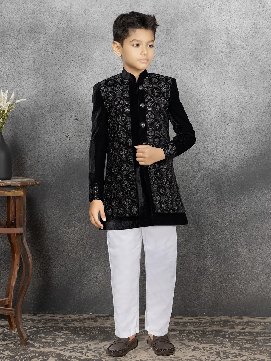 Classic black boys indowestern in velvet