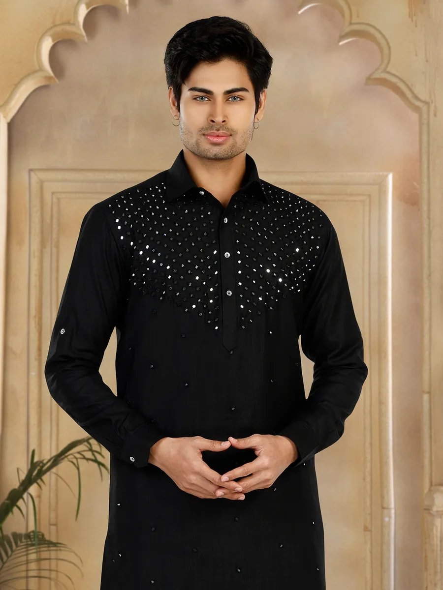 Classic black cotton pathani suit