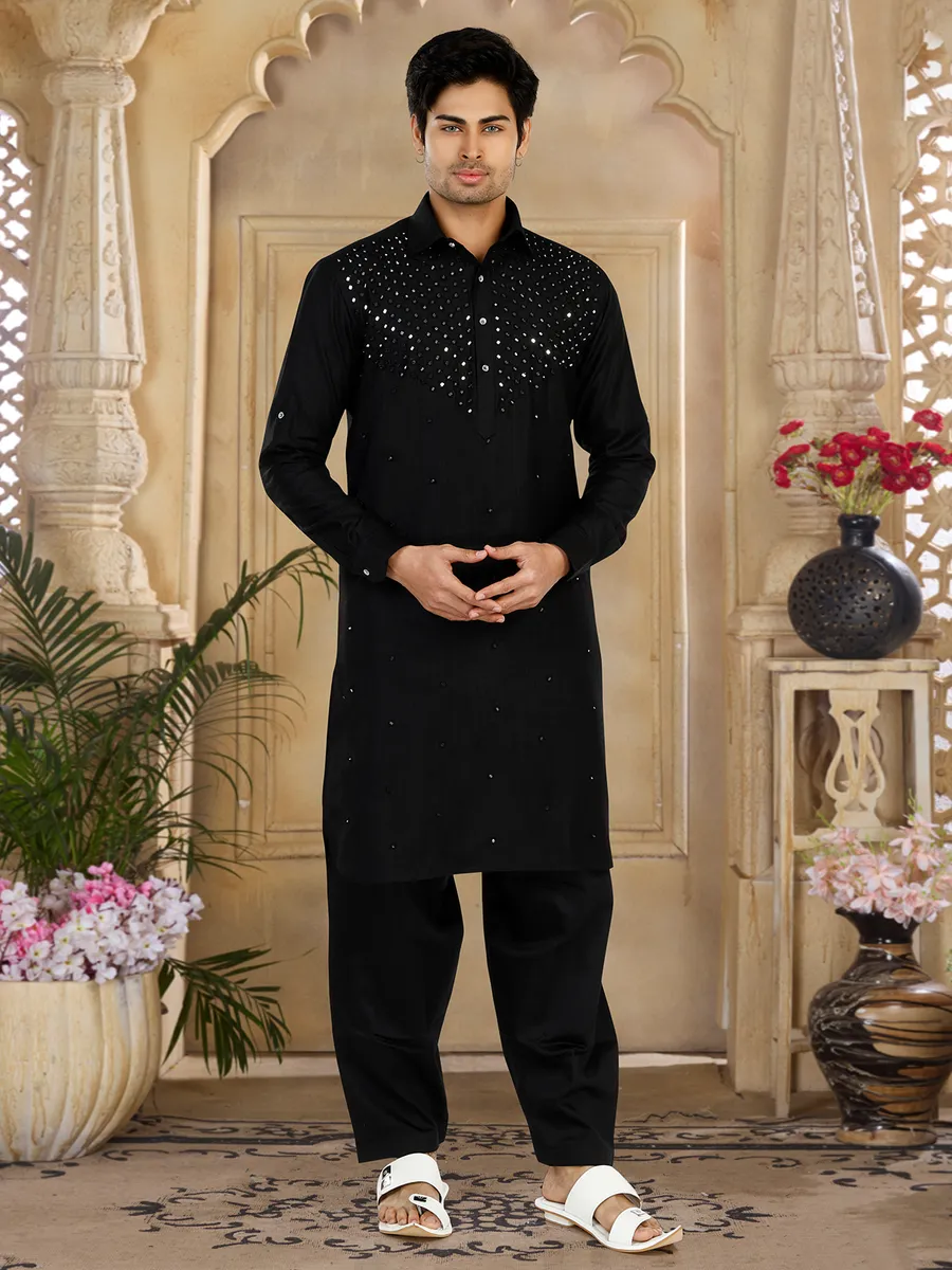 Classic black cotton pathani suit